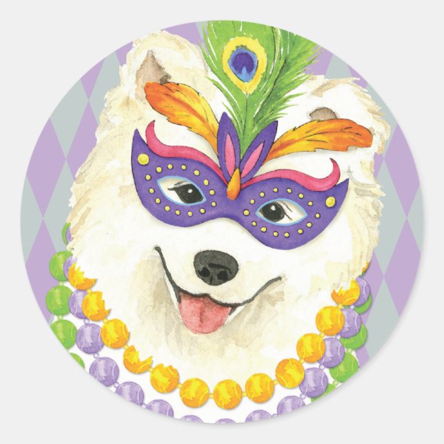 Mardi Gras Samoyed Runder Aufkleber (Vorderseite)