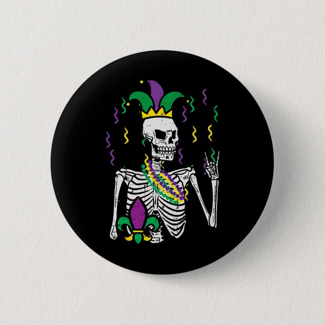 Mardi Gras Skeleton Rock Hand Funny T-Shirt Rocker Button (Vorderseite)