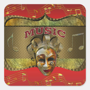 Mardi Gras Smiling Mask Metallische Musiknoten Quadratischer Aufkleber