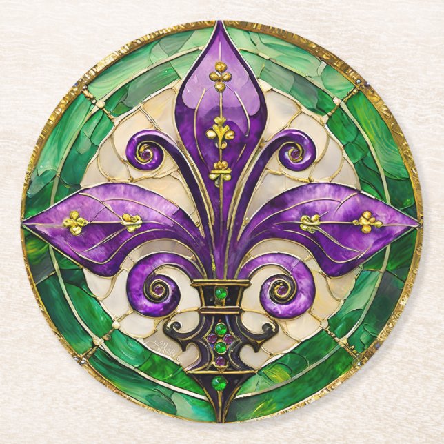 Mardi Gras Stained Glass Fleur de lis  Runder Pappuntersetzer (Vorderseite)