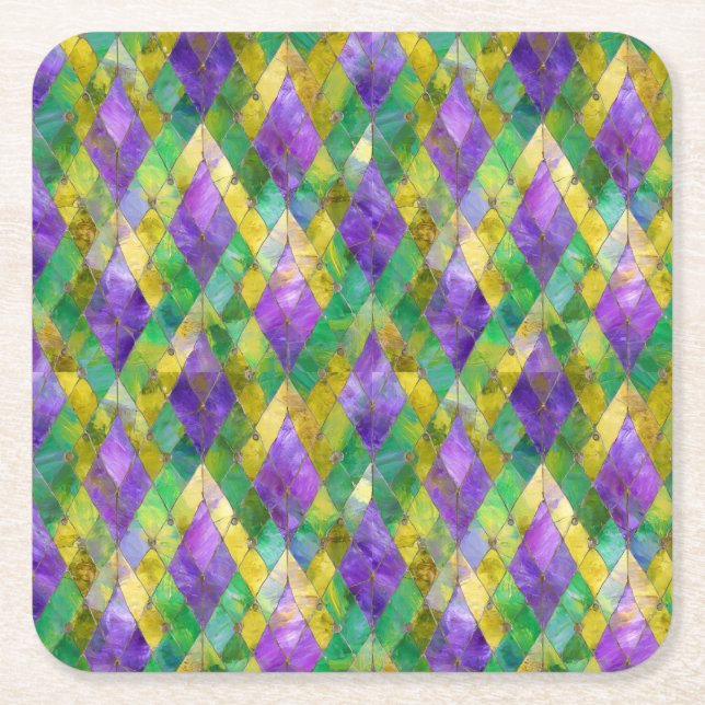 Mardi Gras Stainglas Harlequin Print Rechteckiger Pappuntersetzer (Vorderseite)