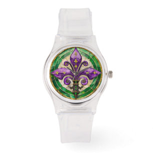 Mardi Gras Stains Glass Lilie Armbanduhr