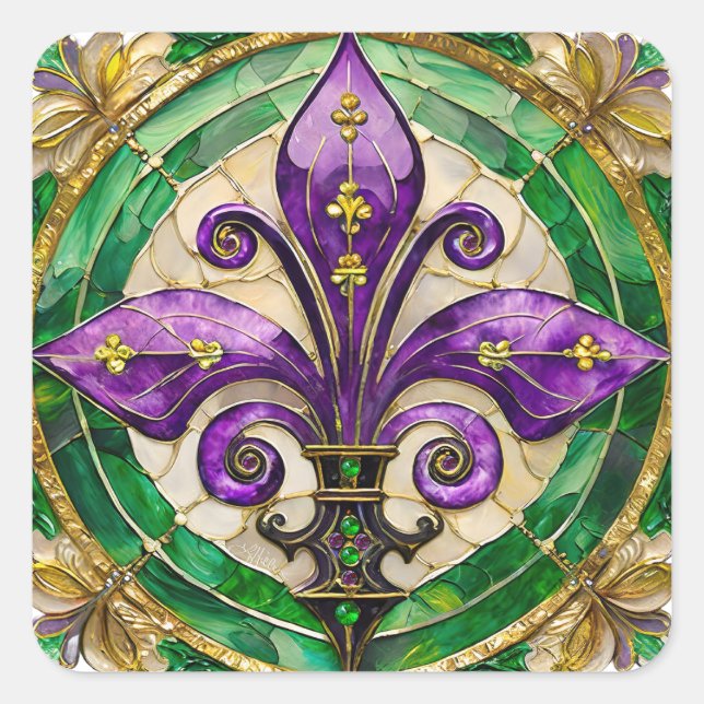 Mardi Gras Stains Glass Lilie Quadratischer Aufkleber (Vorderseite)