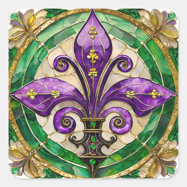 Mardi Gras Stains Glass Lilie Quadratischer Aufkleber (Vorderseite)