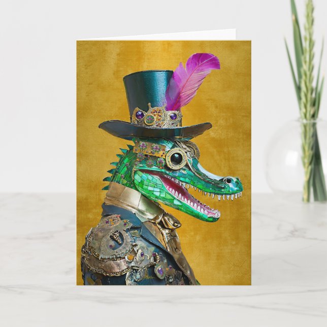 Mardi Gras Steampunk Party Animal Alligator Dankeskarte (Vorderseite)