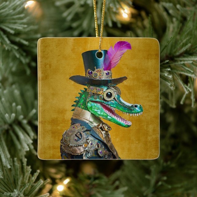 Mardi Gras Steampunk Party Animal Alligator Keramikornament (Baum)