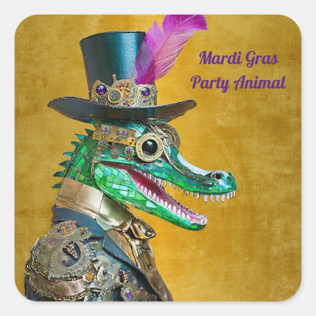 Mardi Gras Steampunk Party Animal Alligator Quadratischer Aufkleber (Vorderseite)
