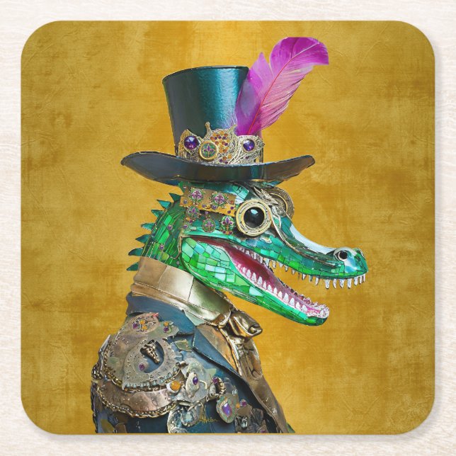 Mardi Gras Steampunk Party Animal Alligator Rechteckiger Pappuntersetzer (Vorderseite)