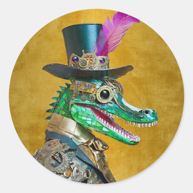 Mardi Gras Steampunk Party Animal Alligator Runder Aufkleber (Vorderseite)
