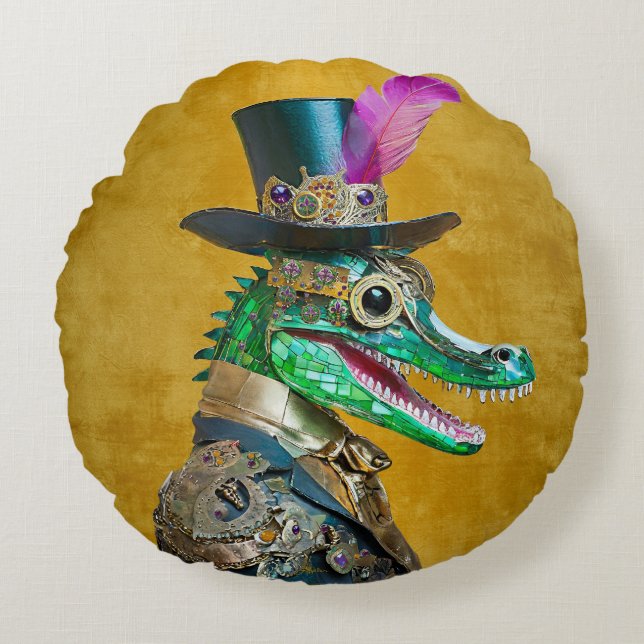 Mardi Gras Steampunk Party Animal Alligator Rundes Kissen (Vorderseite)