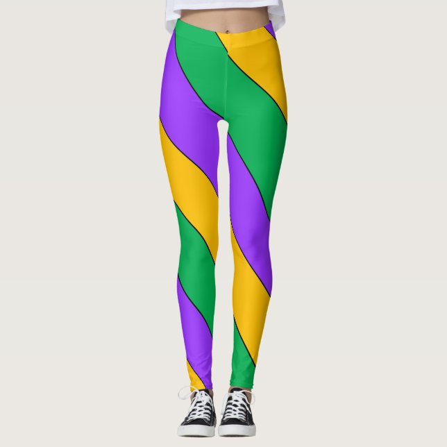 Mardi Gras Streifen Muster Lila-Gelb Leggings (Vorderseite)
