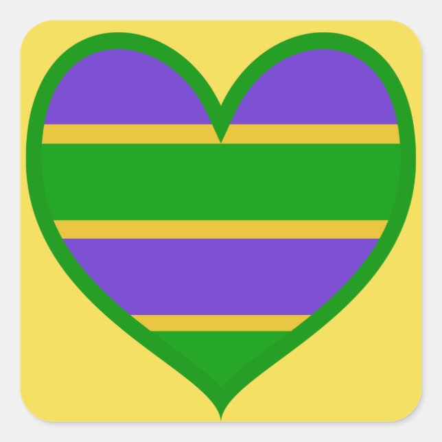 Mardi Gras Striped Heart Quadratischer Aufkleber (Vorderseite)