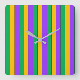 Mardi Gras Stripes Pattern Green Yellow Purple Quadratische Wanduhr