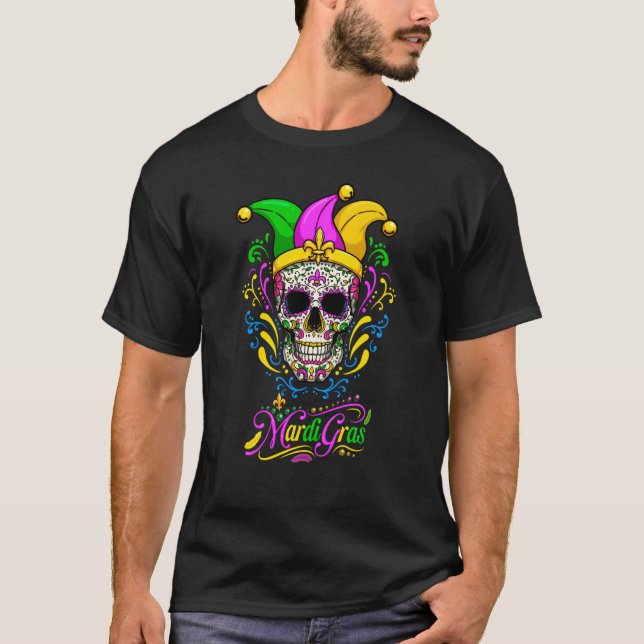 Mardi Gras Sugar Skull Fleur De Lis Jesters Hat Pa T-Shirt (Vorderseite)