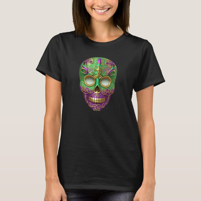 Mardi Gras Sugar Skull Green Purple & Gold T-Shirt (Vorderseite)