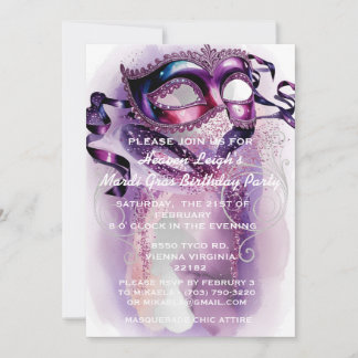 Mardi Gras Sweet 16 Maskenball-Geburtstagseinladun