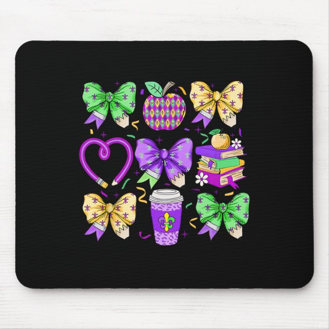 Mardi Gras Teacher Coquette Bow Pencil Apple Buch Mousepad (Vorne)