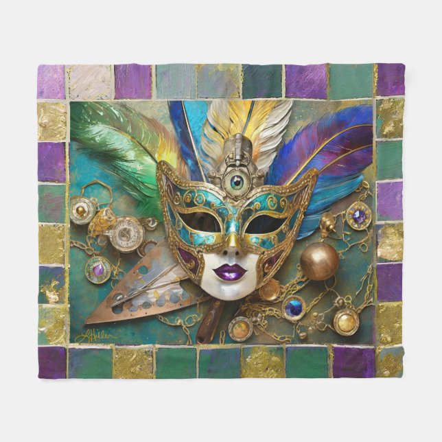 Mardi Gras Third Eye Gold Keramik Feather Mask Fleecedecke (Vorderseite (Horizontal))