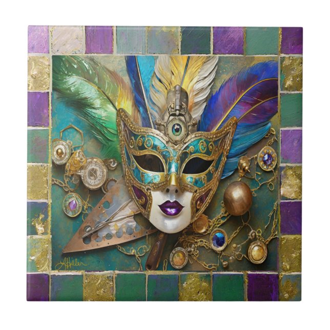Mardi Gras Third Eye Gold Keramik Feather Mask Fliese (Vorderseite)