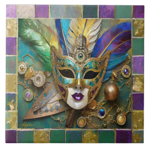 Mardi Gras Third Eye Gold Keramik Feather Mask Fliese