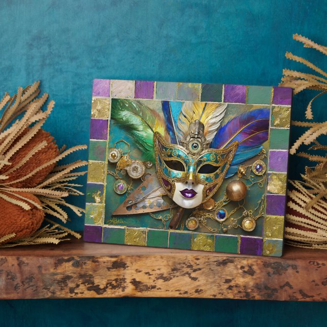Mardi Gras Third Eye Gold Keramik Feather Mask Fotoplatte (Seite)