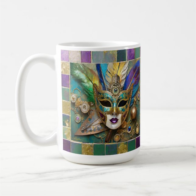 Mardi Gras Third Eye Gold Keramik Feather Mask Kaffeetasse (Links)