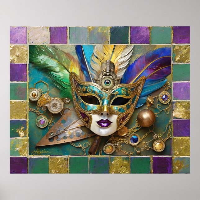 Mardi Gras Third Eye Gold Keramik Feather Mask Poster (Vorne)