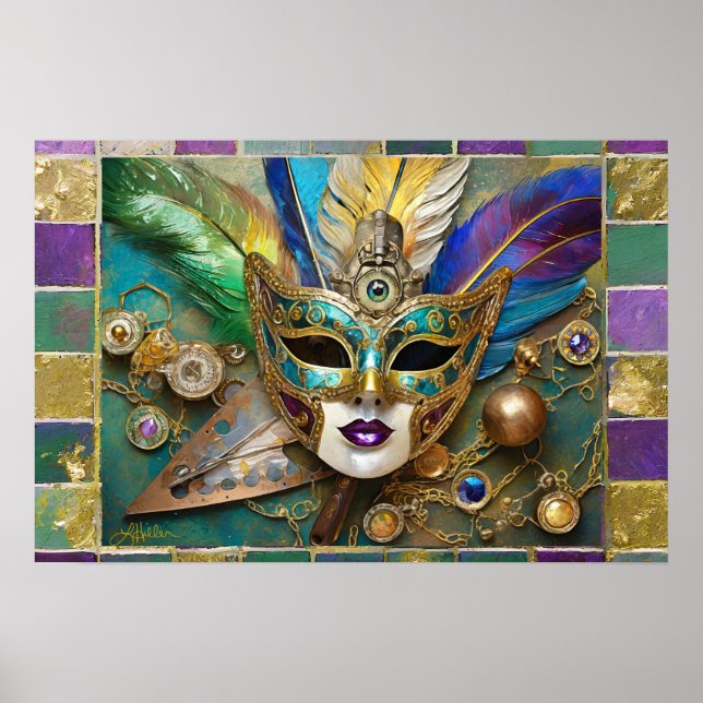 Mardi Gras Third Eye Gold Keramik Feather Mask Poster (Vorne)