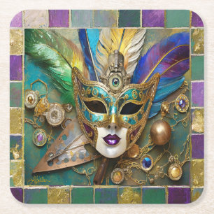 Mardi Gras Third Eye Gold Keramik Feather Mask Rechteckiger Pappuntersetzer
