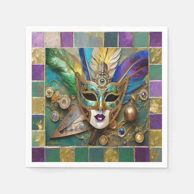 Mardi Gras Third Eye Gold Keramik Feather Mask Serviette (Vorderseite)