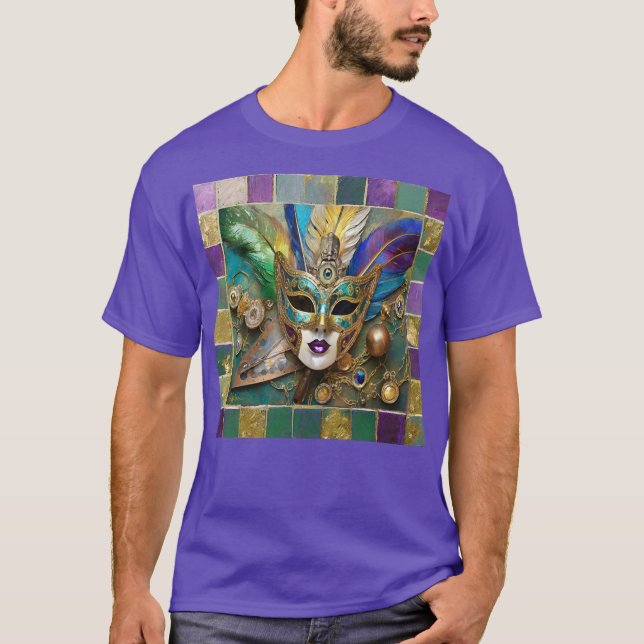 Mardi Gras Third Eye Gold Keramik Feather Mask T-Shirt (Vorderseite)