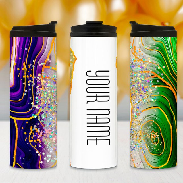 Mardi Gras Tumbler, Mardi Gras Lila grüner Marmor Thermosbecher (Von Creator hochgeladen)