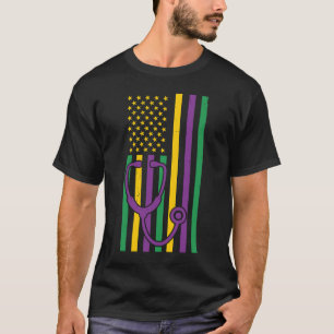 Mardi Gras US-Flagge Stethoscope Patriotic Nurse D T-Shirt