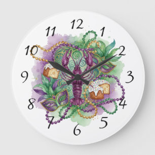 Mardi Gras Wasserfarben-Feier Große Wanduhr