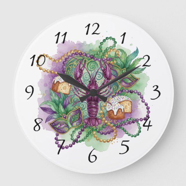 Mardi Gras Wasserfarben-Feier  Große Wanduhr (Vorderseite)