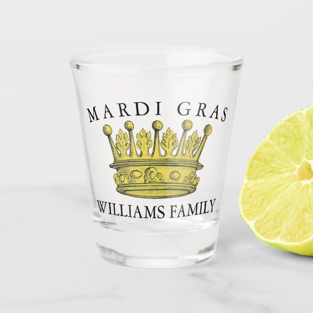 Mardi Gras Yellow Crown Family Name Monogram Schnapsglas (Vorderseite)