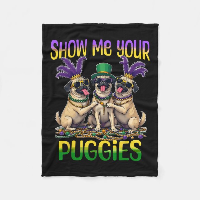 Mardi Gras Zeigen Sie mir Ihren Mops Mardi Gras Fleecedecke (Vorderseite)