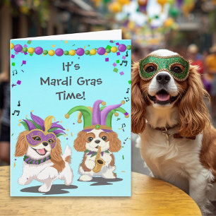 Mardi Gras Zeit mit Cavalier King Charles Spaniel Karte