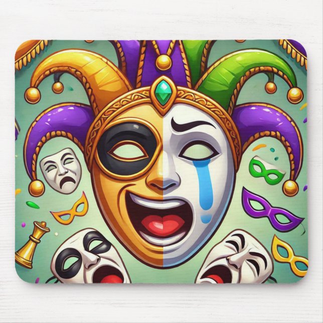Mardi Gras. Zwei blaue Masken mit Emotionen Mousepad (Vorne)