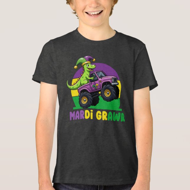 Mardi Grawr Monster Truck Dinosaur Mardi Gras Tri-Blend Shirt (Vorderseite)