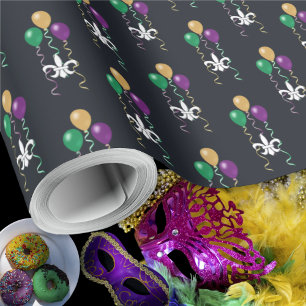 MardiGras OffWhite FleurDeLis-Balloons auf Graphit Geschenkpapier