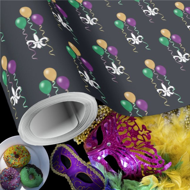 MardiGras OffWhite FleurDeLis-Balloons auf Graphit Geschenkpapier (MardiGras OffWhite FleurDeLis Balloons on Graphite Wrapping Paper by Leapfroglisics Shop)