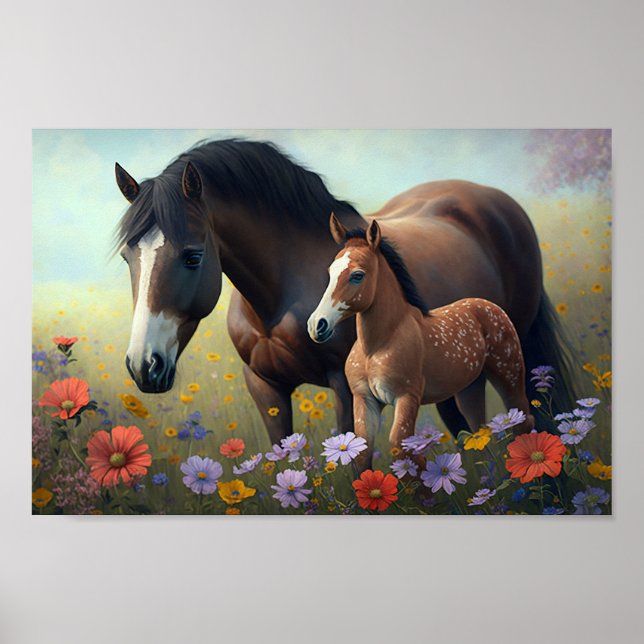 Mare and Foal in a field of Blume Poster (Vorne)