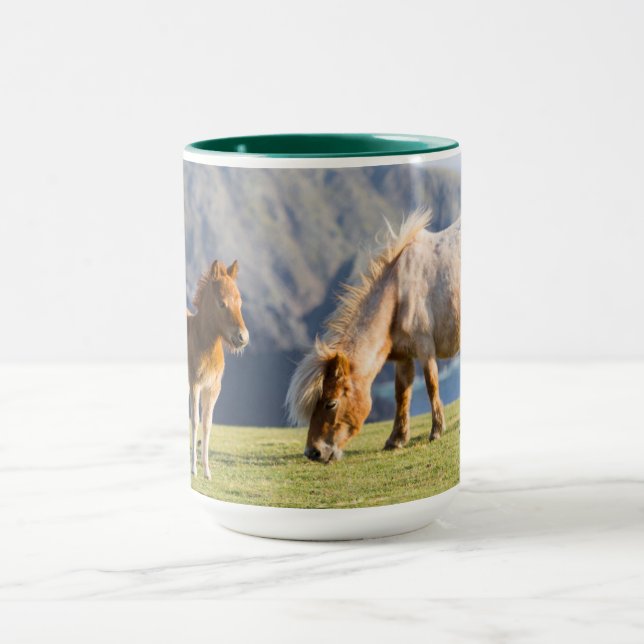 Mare with Foal, Shetland Islands, Schottland Tasse (Zentrum)