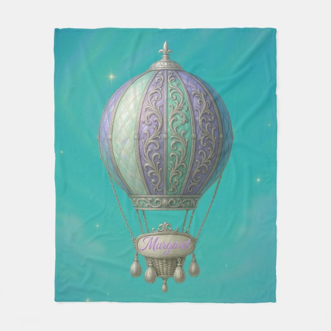 Margaret Personalized Teal Starry Hot Air Balloon  Fleecedecke (Vorderseite)