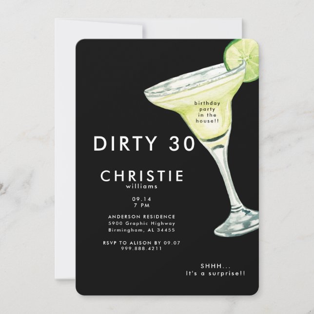 Margarita 30. Überraschung Black Birthday Party II Einladung (Vorderseite)