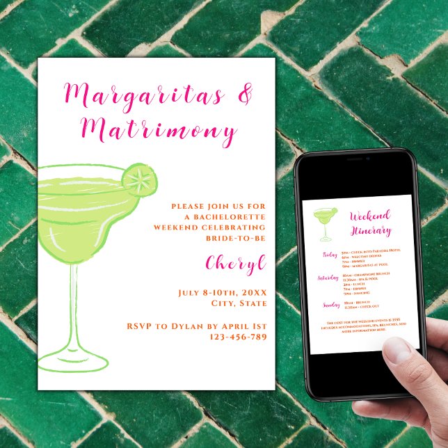 Margaritas And Matrimony Bachelorette Weekend Einladung (Margaritas and Matrimony Bachelorette Weekend Itinerary Vibrant Hot pink and orange)