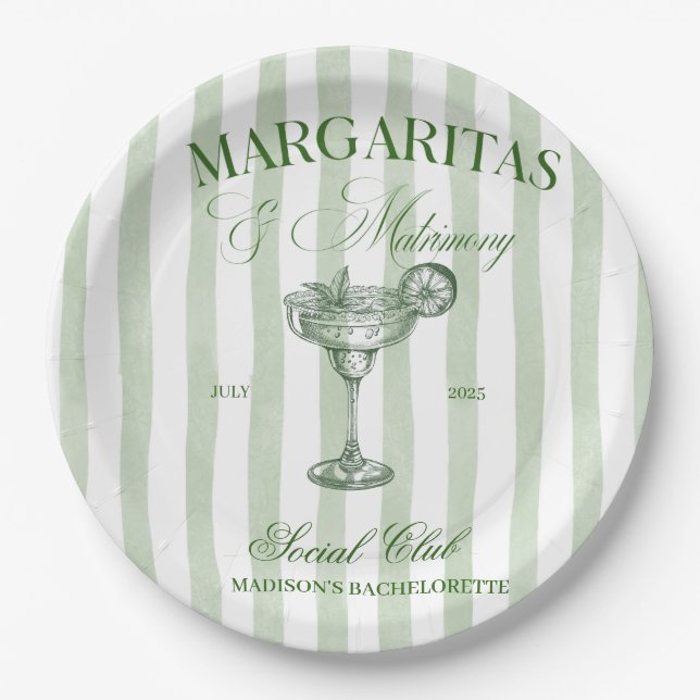 Margaritas and Matrimony Striped Bachelorette Pappteller (Vorderseite)
