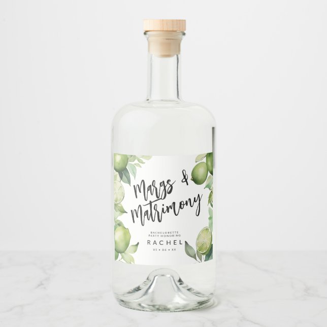 Margaritas grüne Limetten und Blattwerk Alkoholflaschenetikett (Vorderseite)