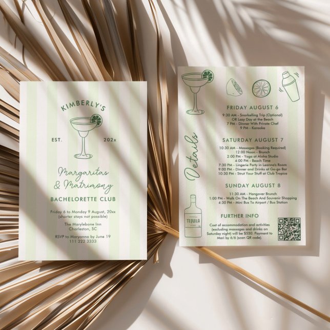 Margaritas und die Ehegatten Einladung (Doodle style green and white Margaritas and Matrimony bachelorette weekend party invitations)
